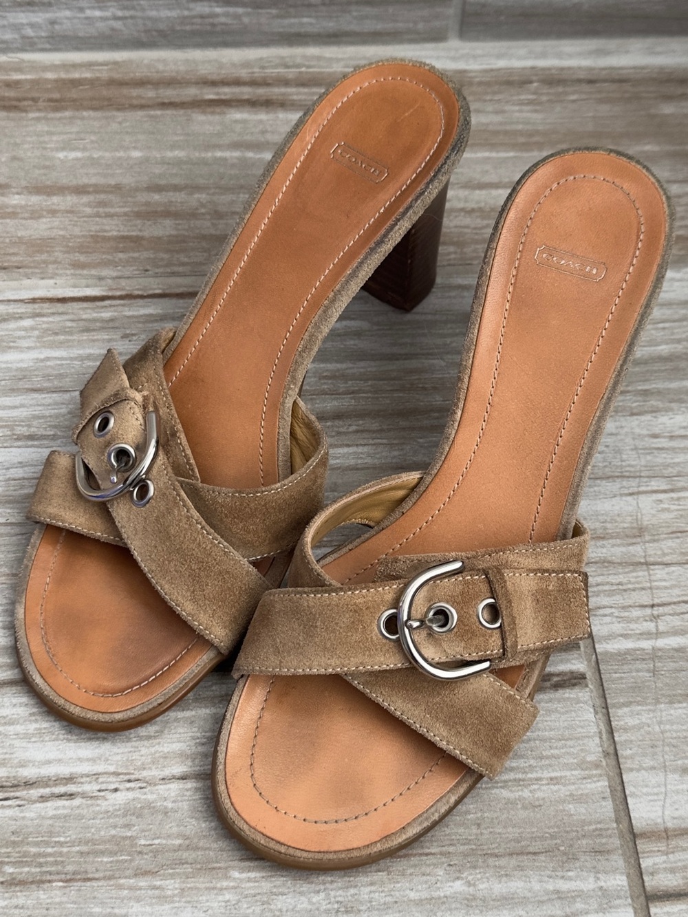 Coach Vintage āNeenaā Tan Suede Buckle Slide Sandals